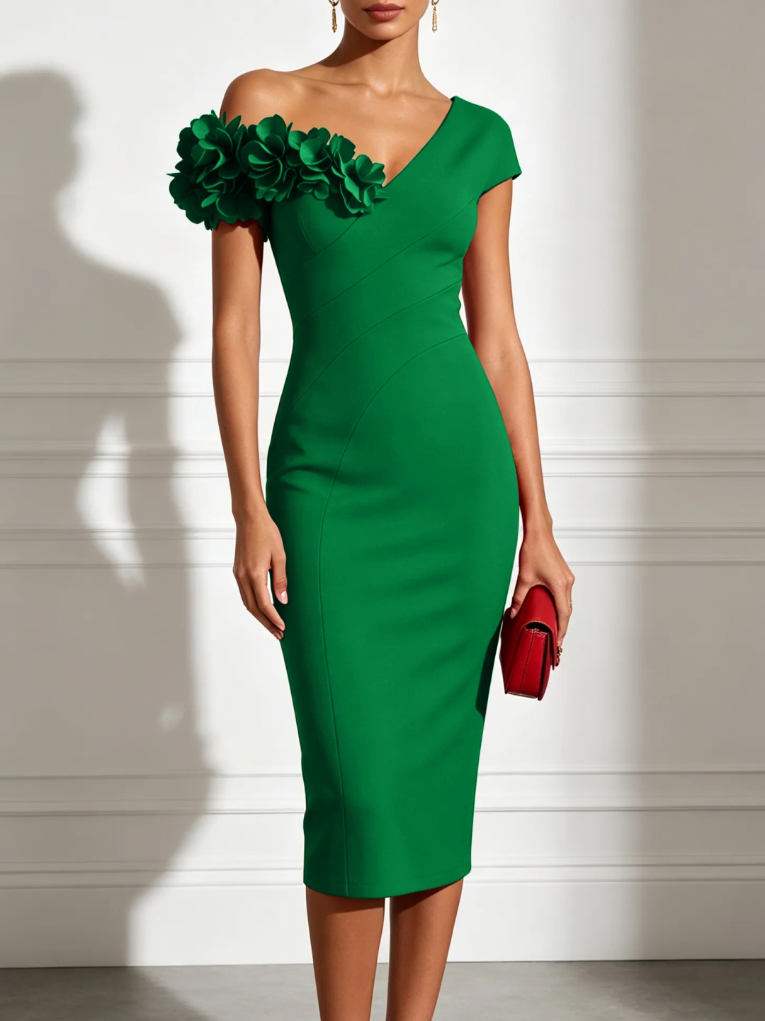 Red Asymmetrical Sleeveless Sheath Midi Dress with 3D Floral Applique