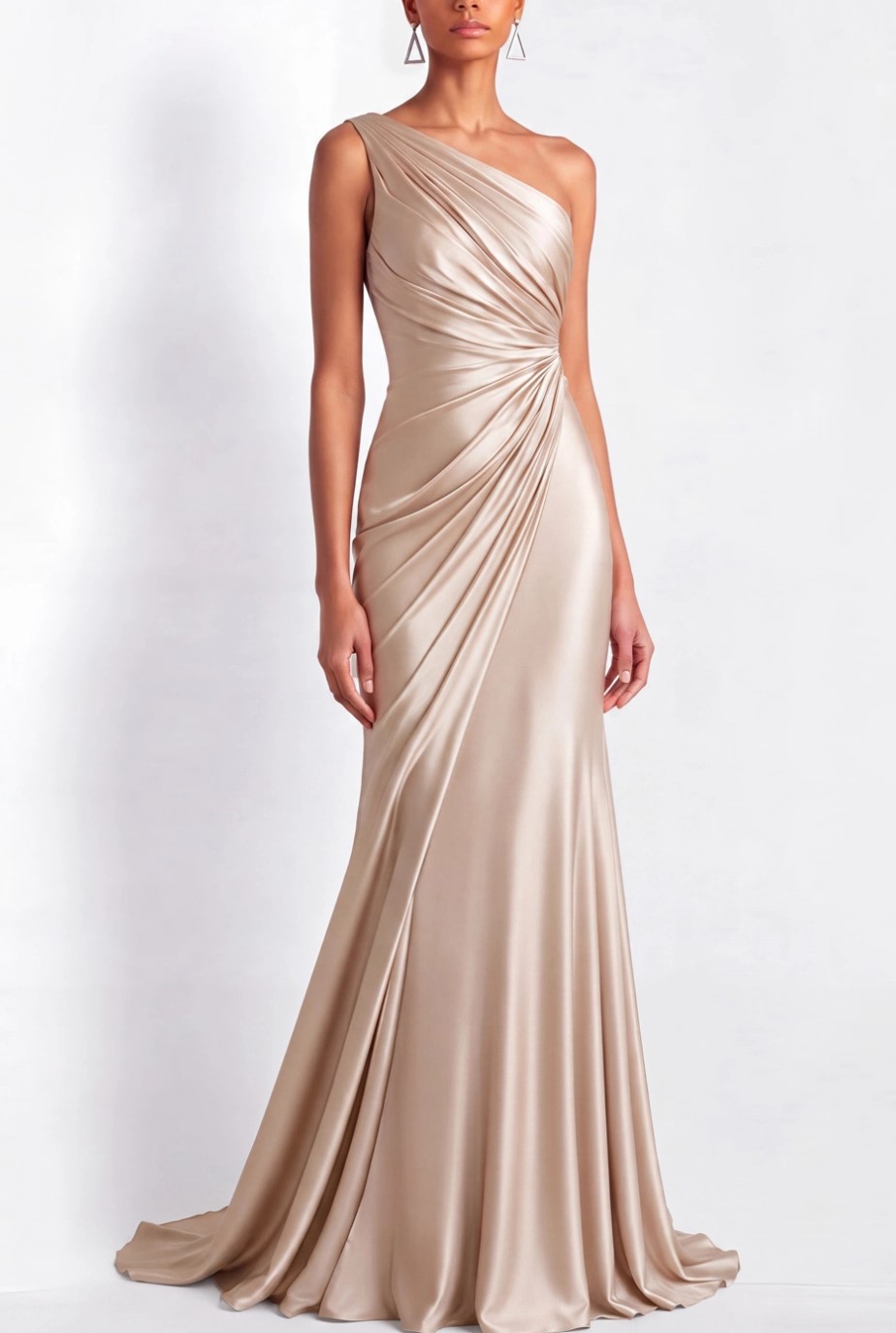Champagne Satin One Shoulder Maxi Dress