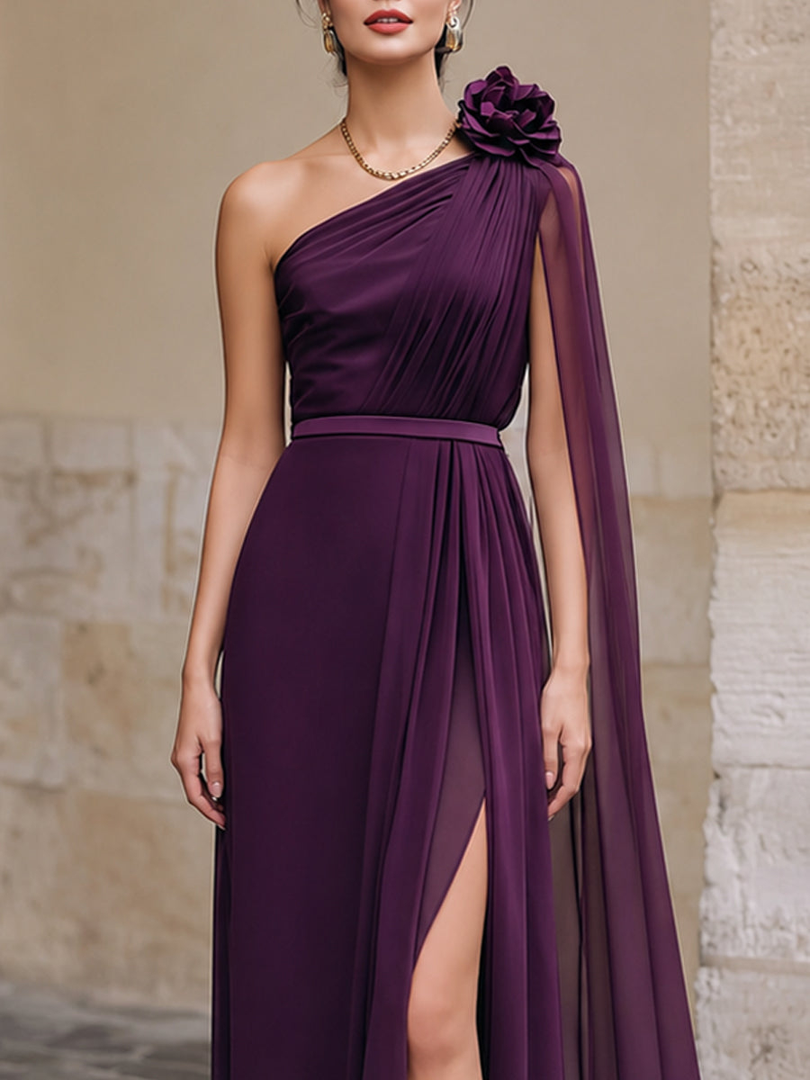 One-Shoulder Floral Detail ChiffonMaxi Dress