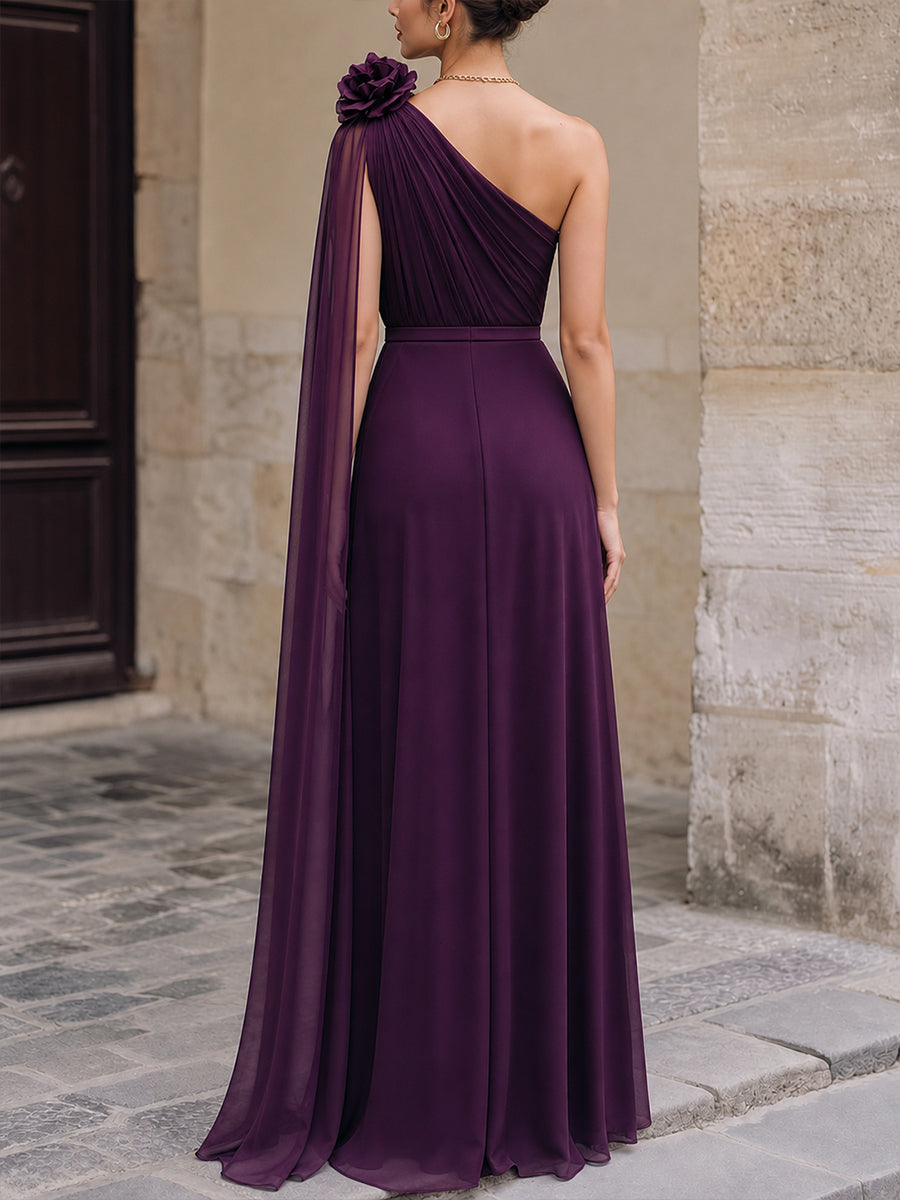 One-Shoulder Floral Detail ChiffonMaxi Dress