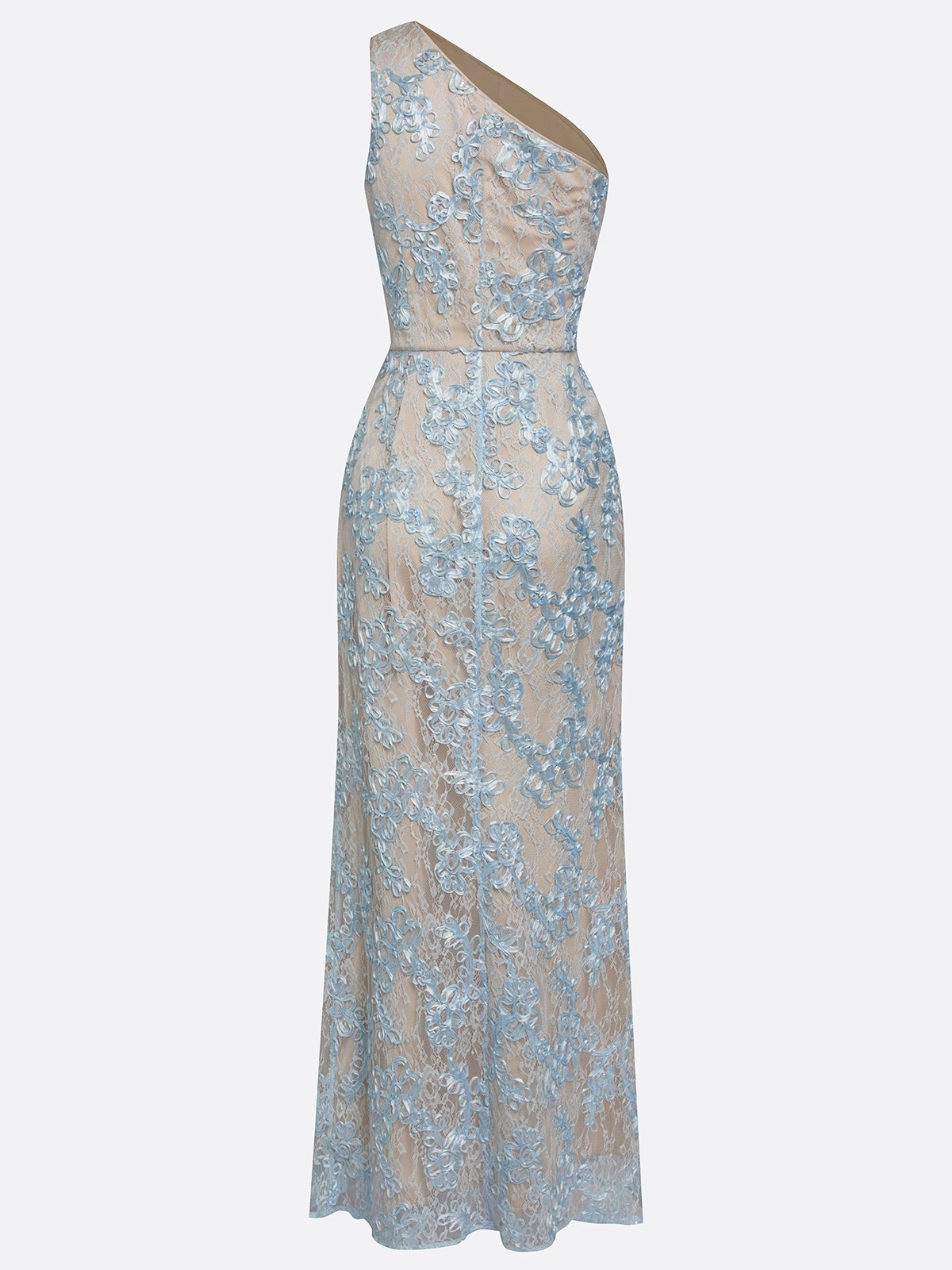 Light Blue Lace Jacquard One Shoulder Sleeveless Mermaid Maxi Dress