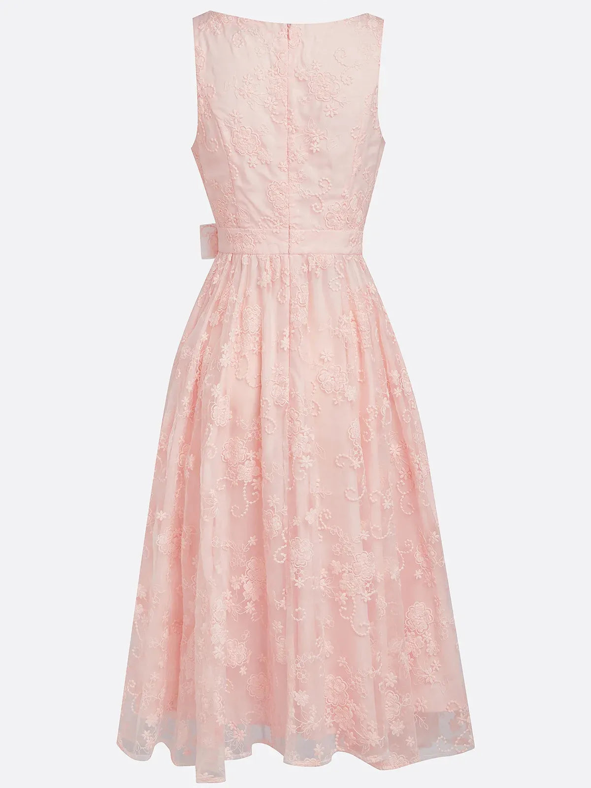 Light Pink Embroidered V Neck Sleeveless A-Line Midi Dress