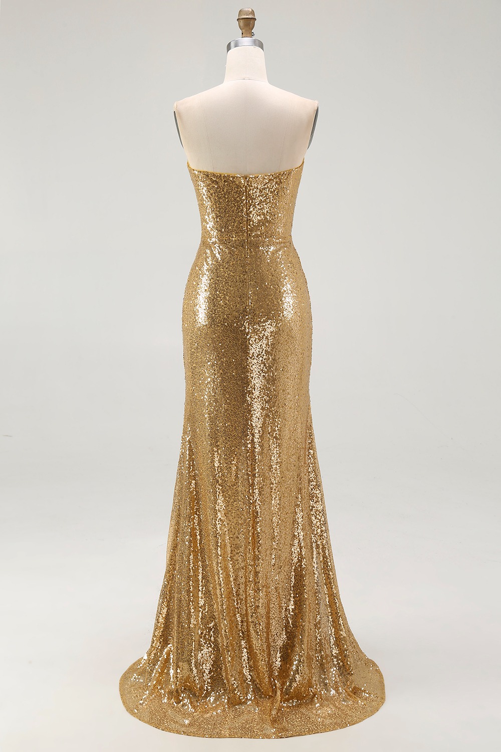 Sparkly Strapless Gold Mermaid Sequined Formal Dress with Slit