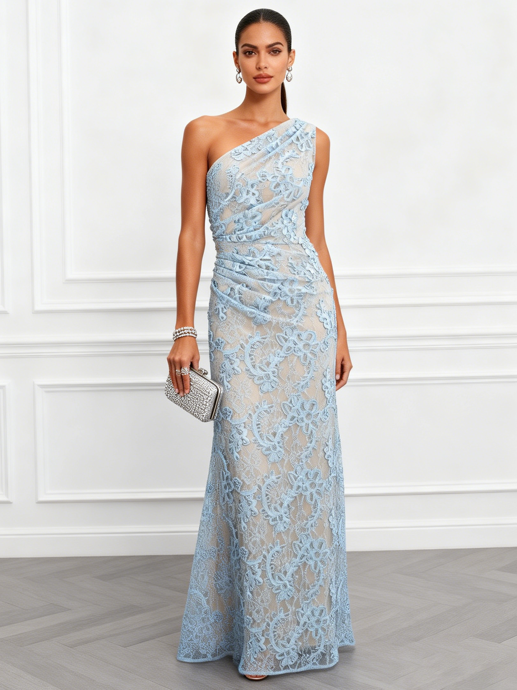 Light Blue Lace Jacquard One Shoulder Sleeveless Mermaid Maxi Dress
