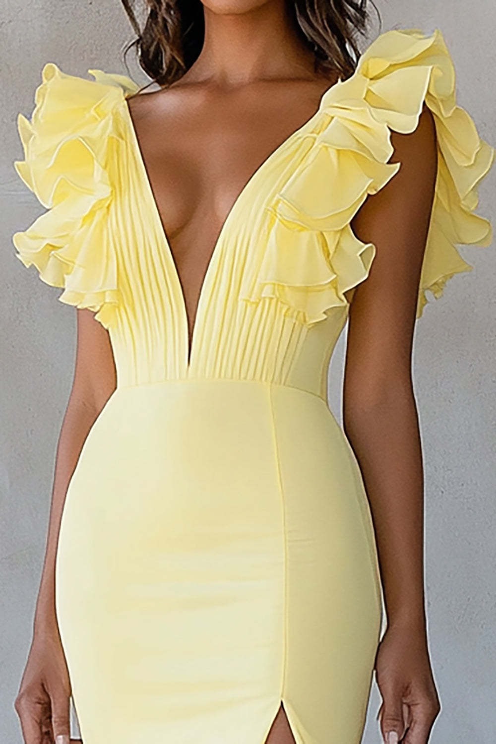Yellow Chiffon V Neck Mermaid Ruffled Maxi Formal Dress with Slit