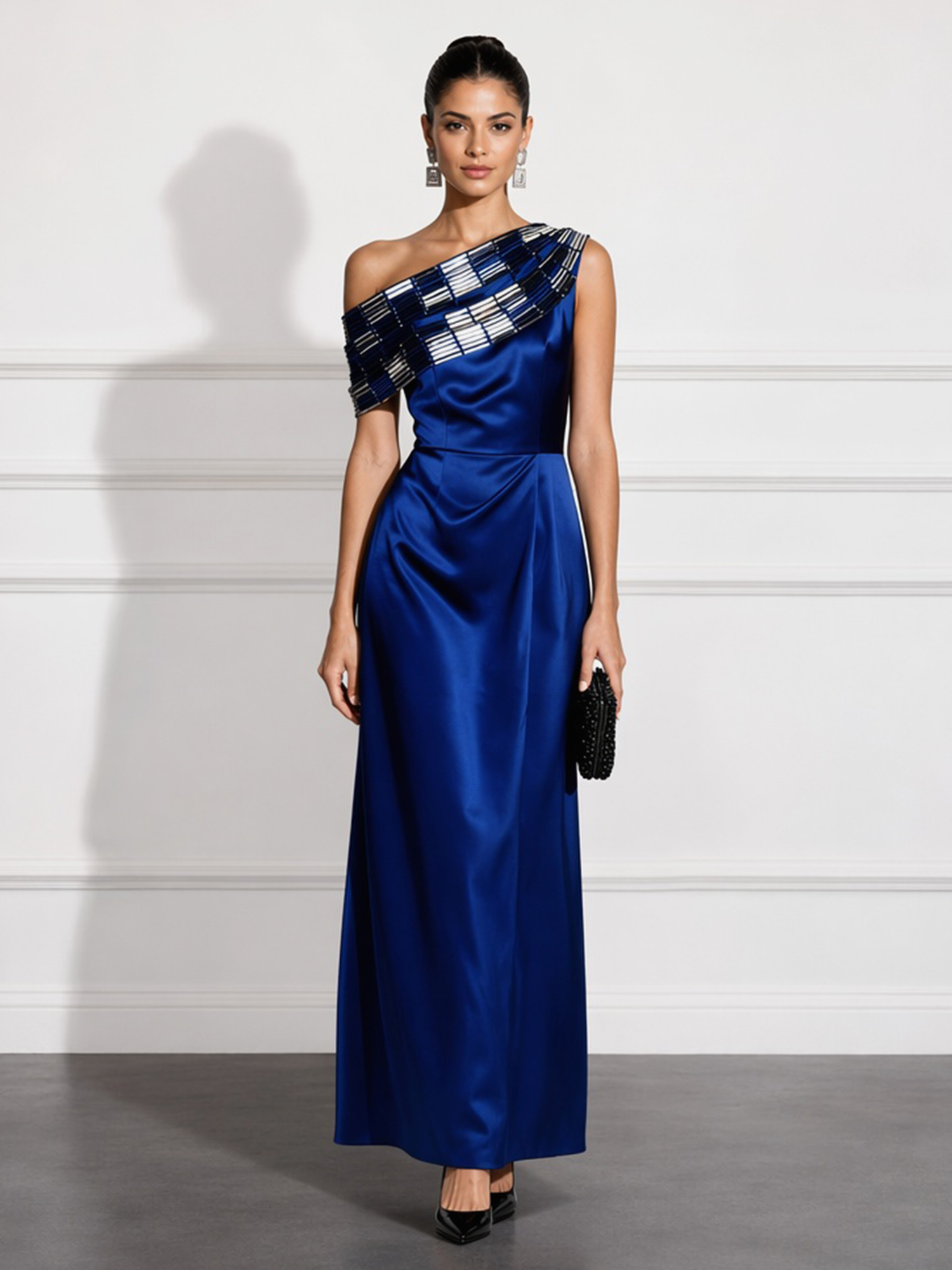 Royal Blue One-Shoulder Beaded Satin Sheath Maxi Dress