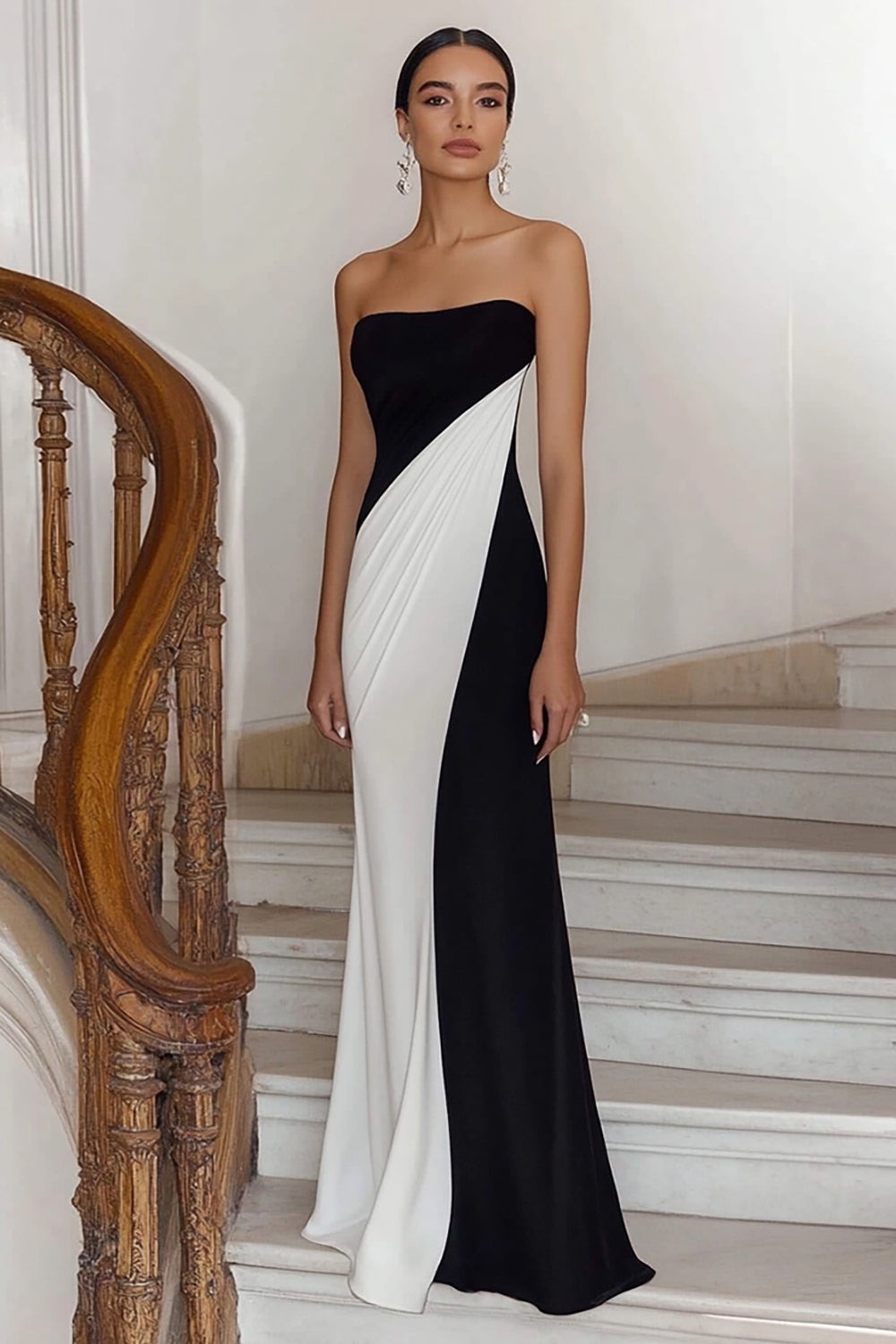 Black White Sheath Strapless Elegant Maxi Formal Dress