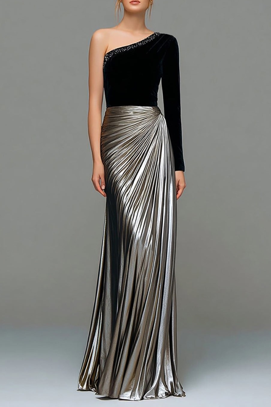 Metallic Black and Grey One Shoulder Velvet Long Holiday Party Dress