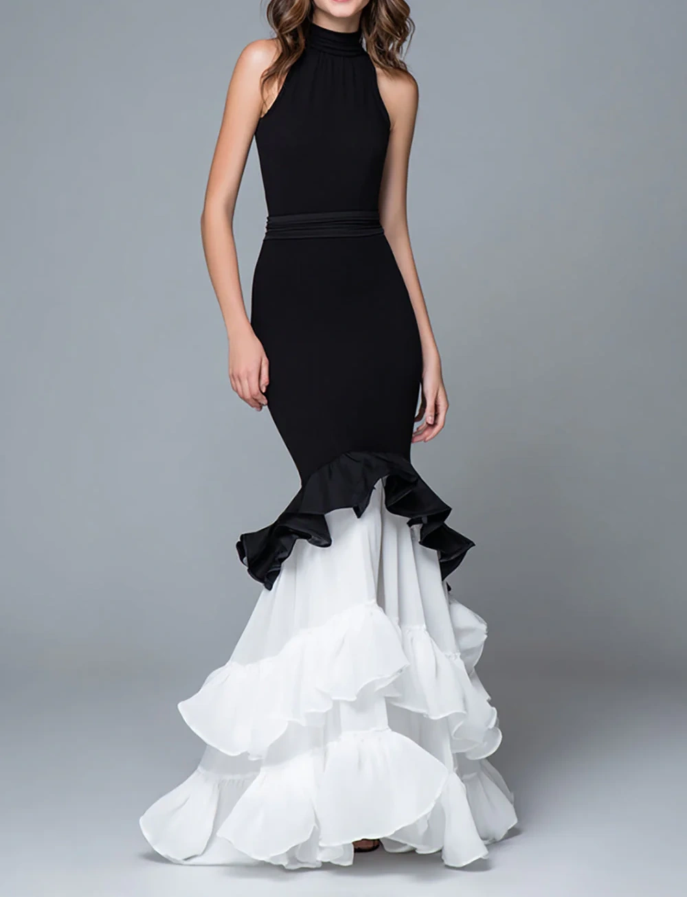 Black and White Mermaid High Neck Long Formal Dress with Ruffles