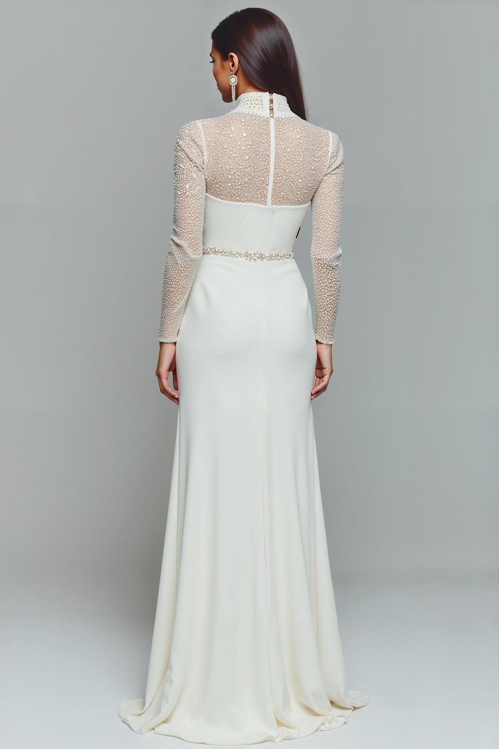 Formal Dress White Sheath Illusion Neck Beaded Chiffon Maxi Dress