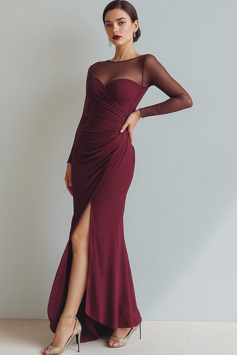 Cabernet Ruched Mermaid Illusion Neck Long Formal Dress with Silt