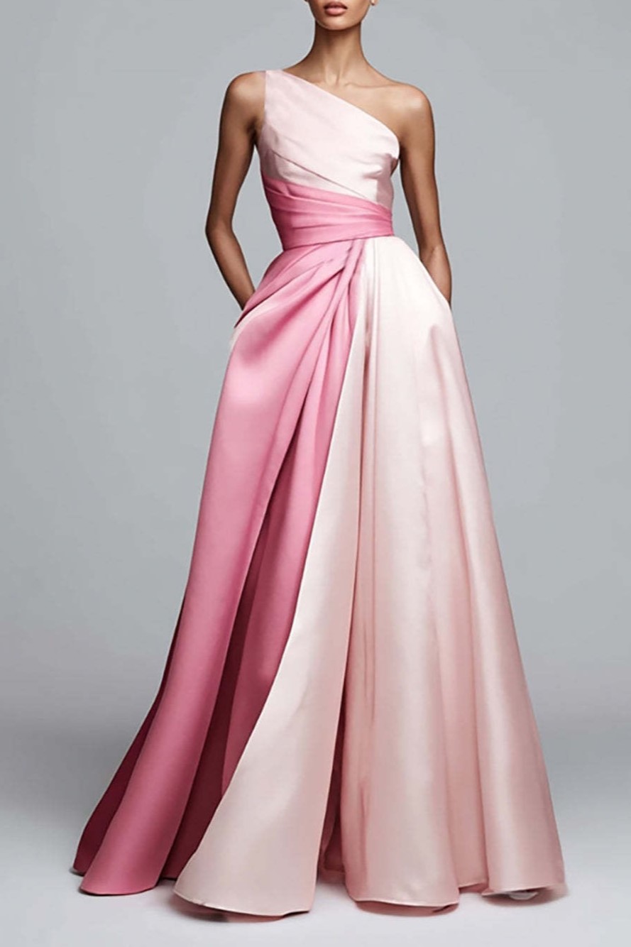 Pink Satin One Shoulder A-Line Maxi Formal Dress