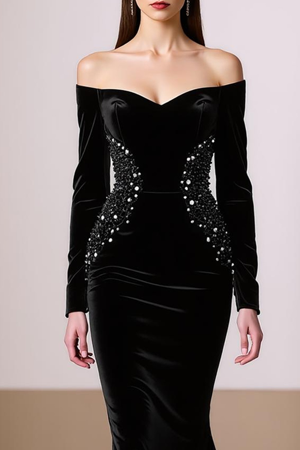 Evening Formal Dress Mermaid Black Long Sleeves Beaded Maxi Dress