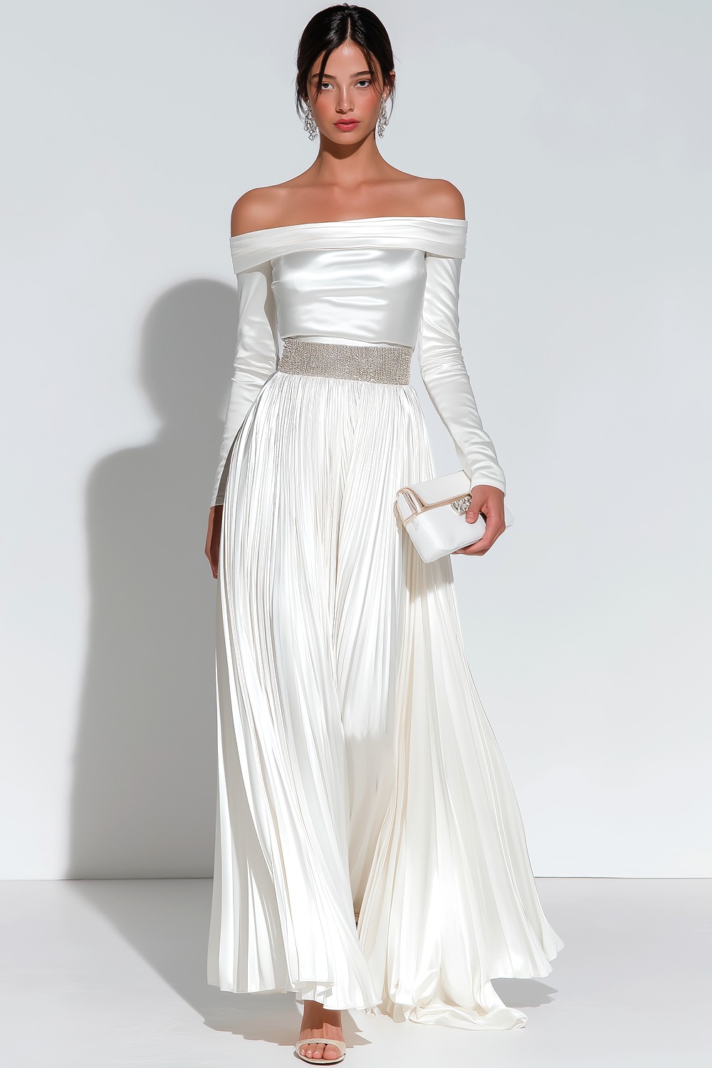 Evening Formal Dress White Off the Shoulder Pleated Satin Maxi Dress