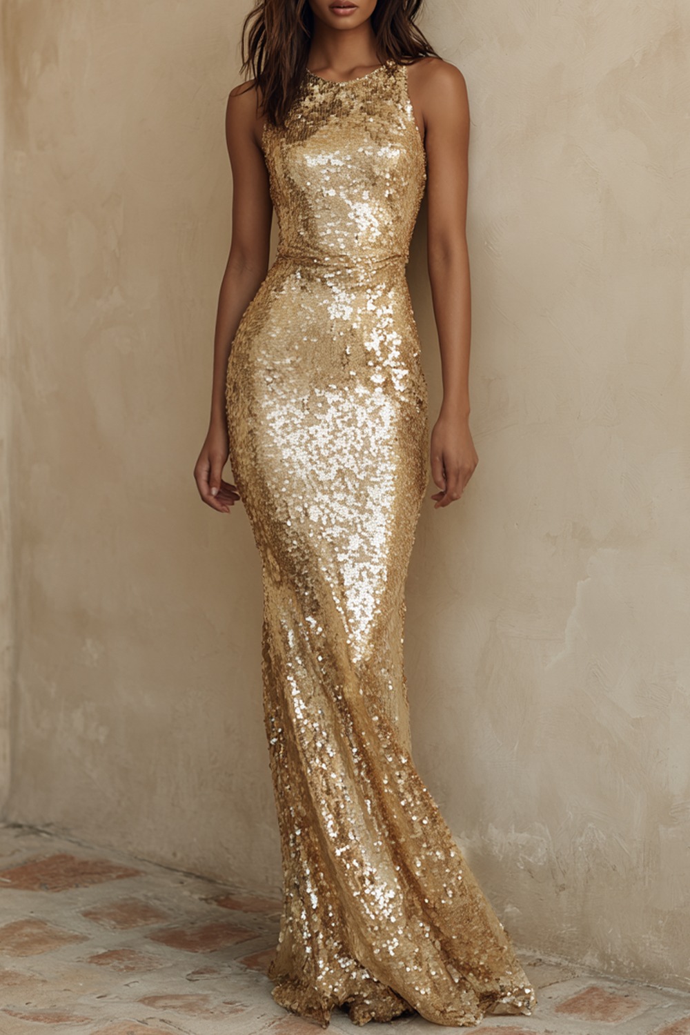 Sparkly Formal Dress Mermaid Champagne Crew Neck Sequin Maxi Dress