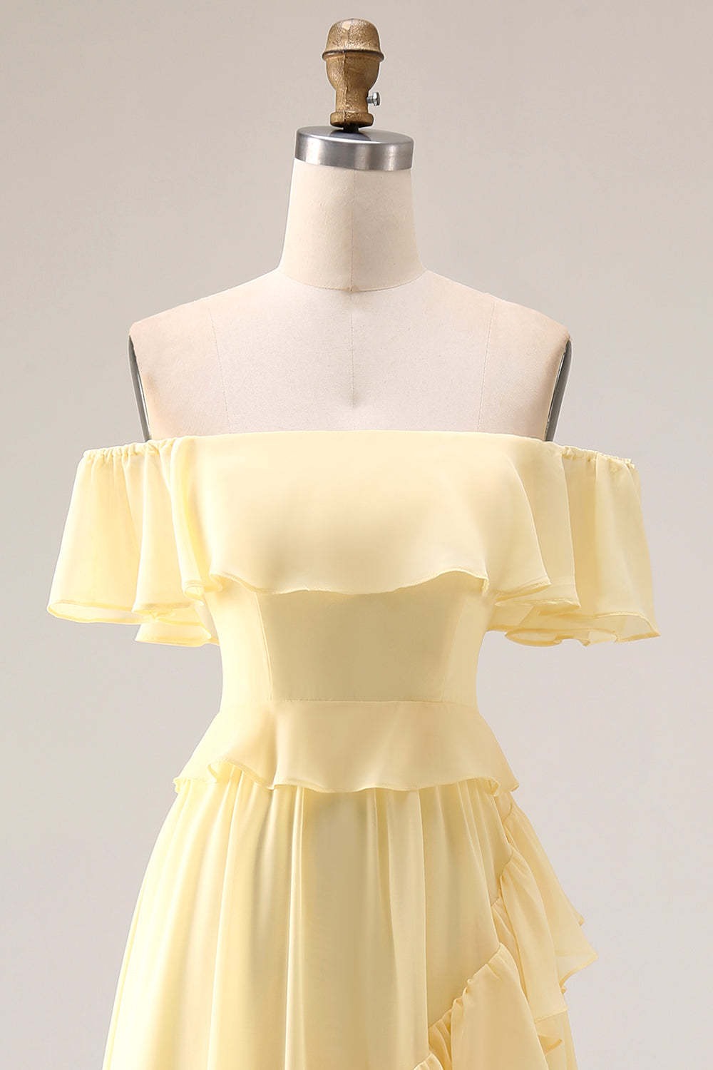Yellow A Line Ruffled Off the Shoulder Maxi Bridesmaid Dress