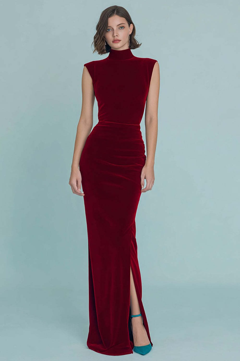 Burgundy Velvet High Neck Long Holiday Party Dress with Slit