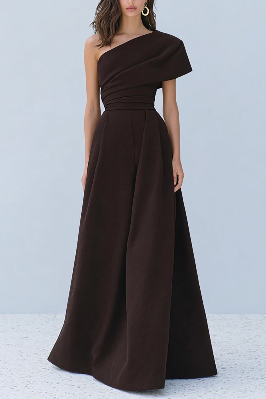 Stylish Coffee One Shoulder A-Line Long Formal Dress