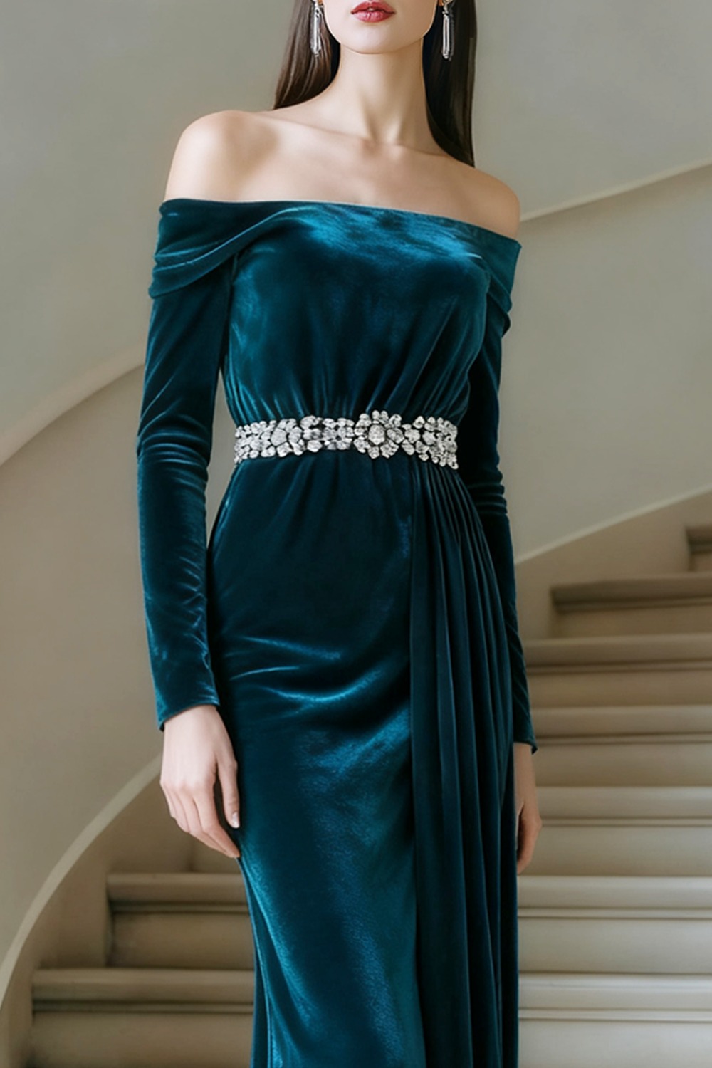Formal Dress Peacock Blue Sheath Off the Shoulder Belted Velvet Maxi Dress