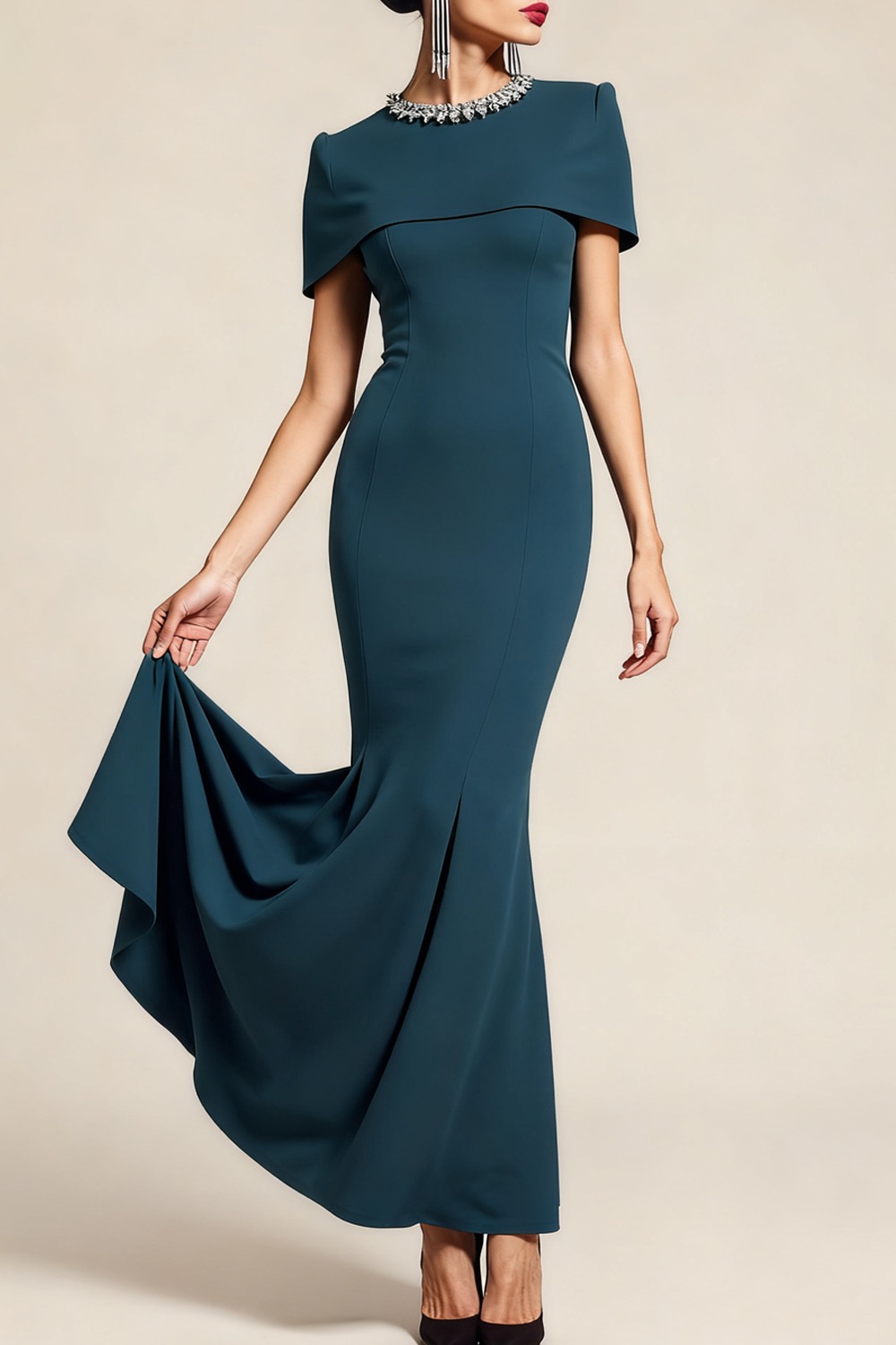 Formal Dress Mermaid Peacock Blue Crew Neck Cape Maxi Dress