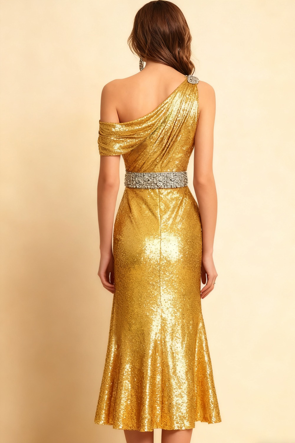 Evening Formal Dress Gold One Shoulder Sequin Midi Dress