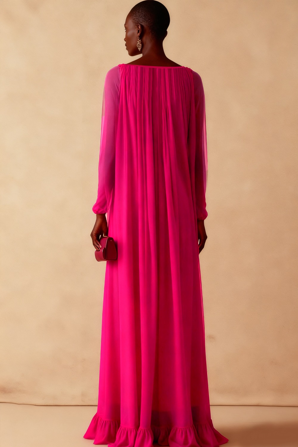 Elegant Evening Formal Dress Fuchsia V-Neck Chiffon Maxi Dress
