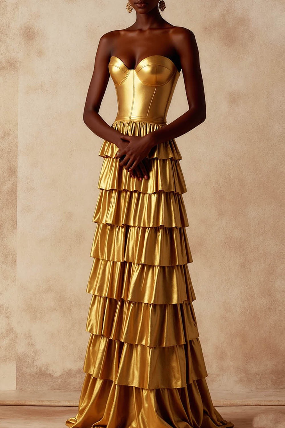 Gold Formal Dress A-Line Strapless Metallic Satin Tiered Maxi Dress