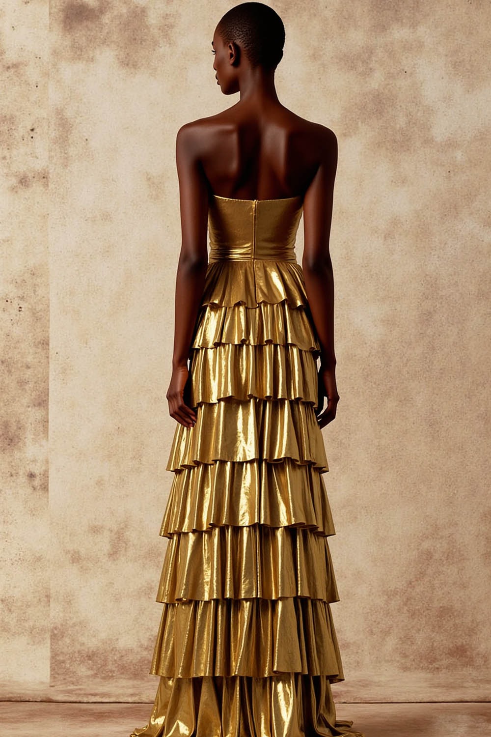 Gold Formal Dress A-Line Strapless Metallic Satin Tiered Maxi Dress