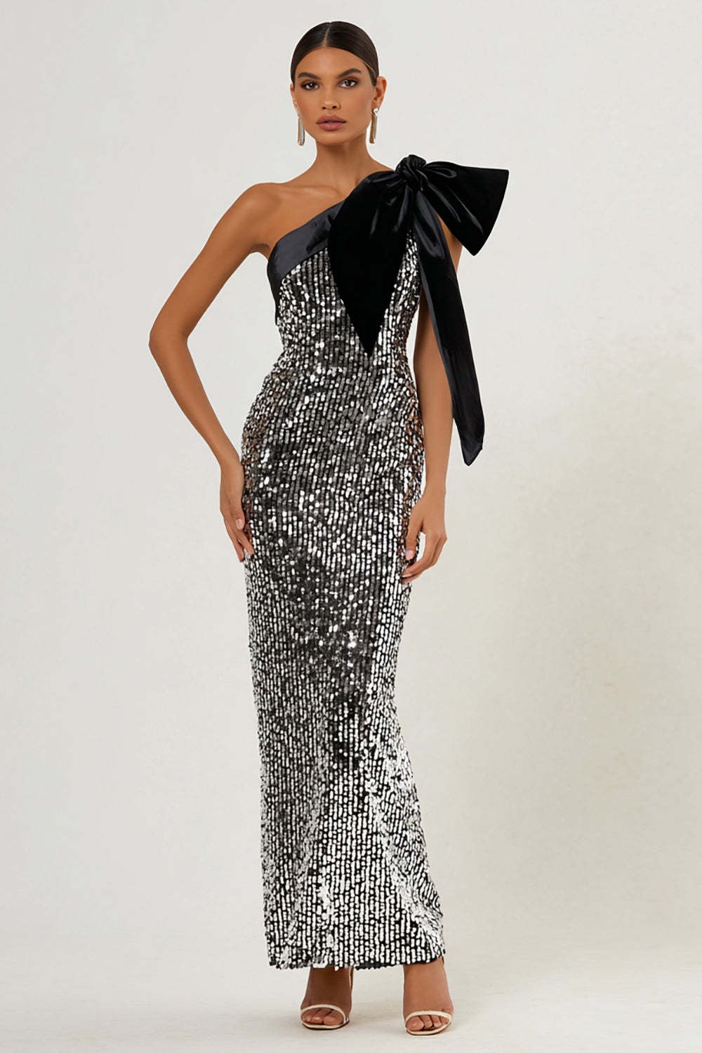 Sparkly Light Grey Sequin One Shoulder Long Formal Dress with Bow