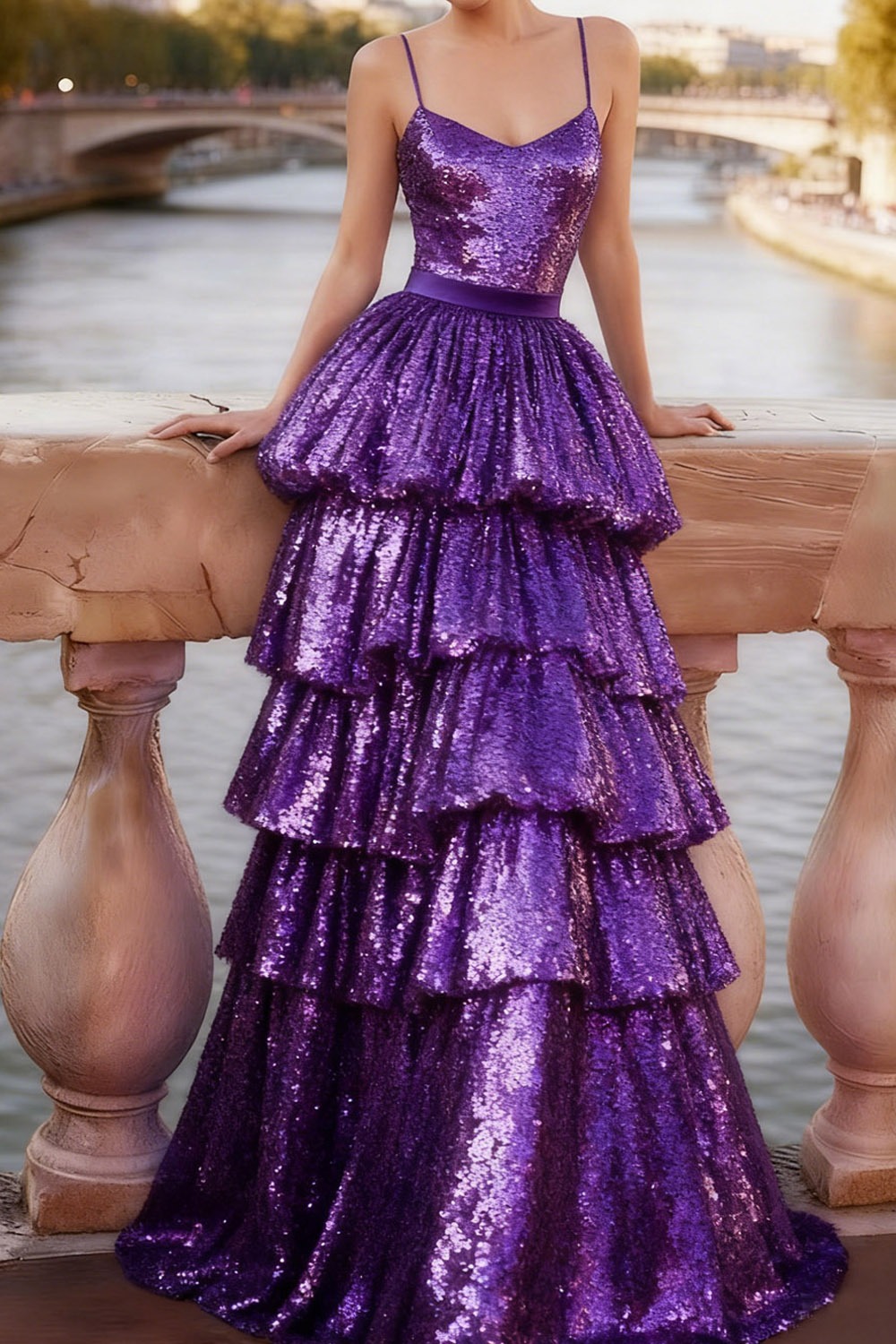 Purple Prom Dress Spaghetti Straps Sequin Tiered Layer Dress Maxi Gown