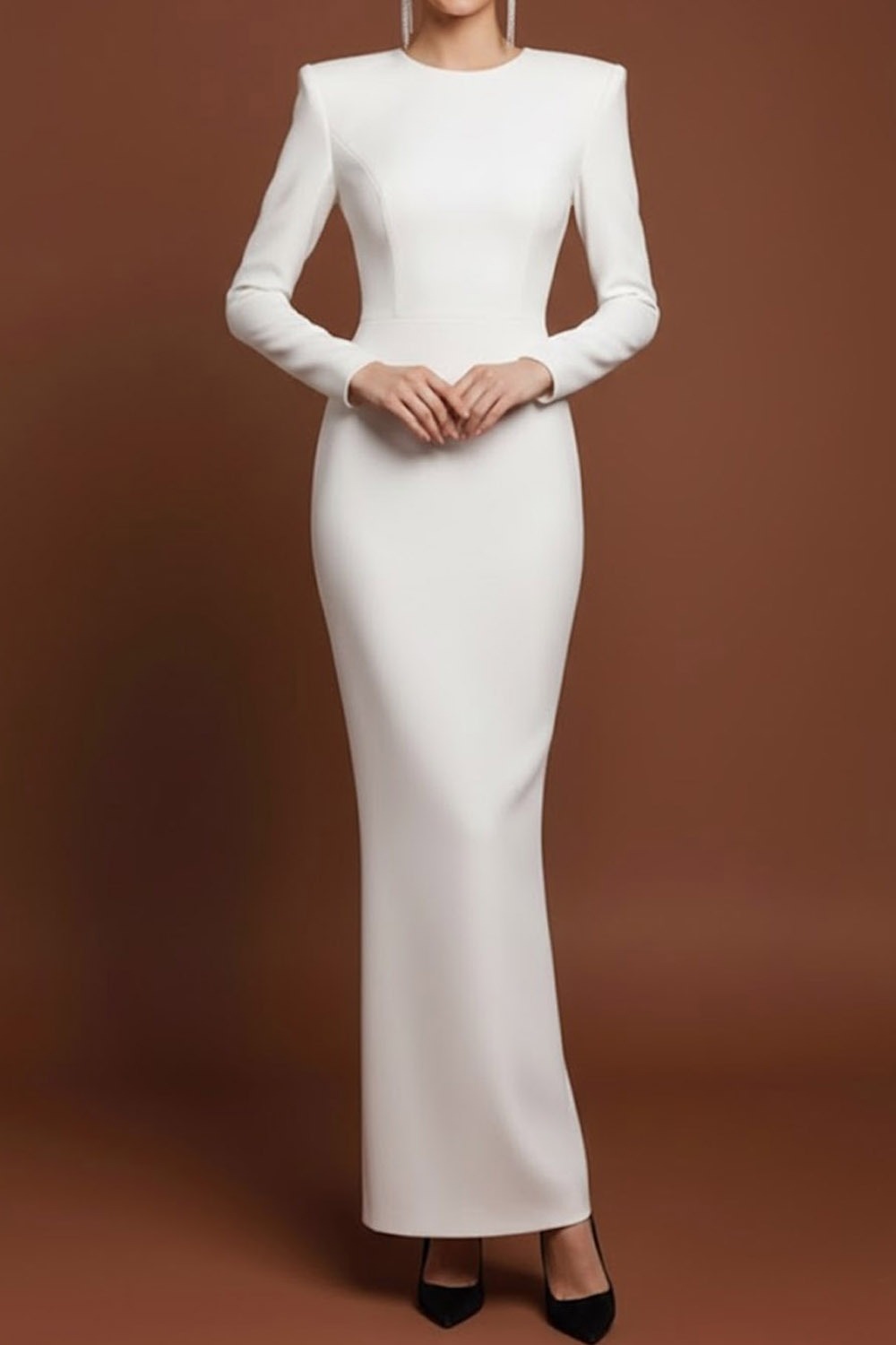 White Formal Dress Sheath Round Neck Long Sleeve Maxi Dress