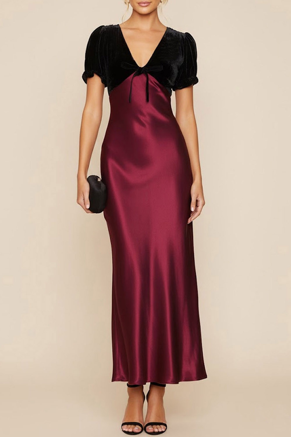 Burgundy Formal Dress Sheath V-Neck Short Sleeve Satin Maxi Dress