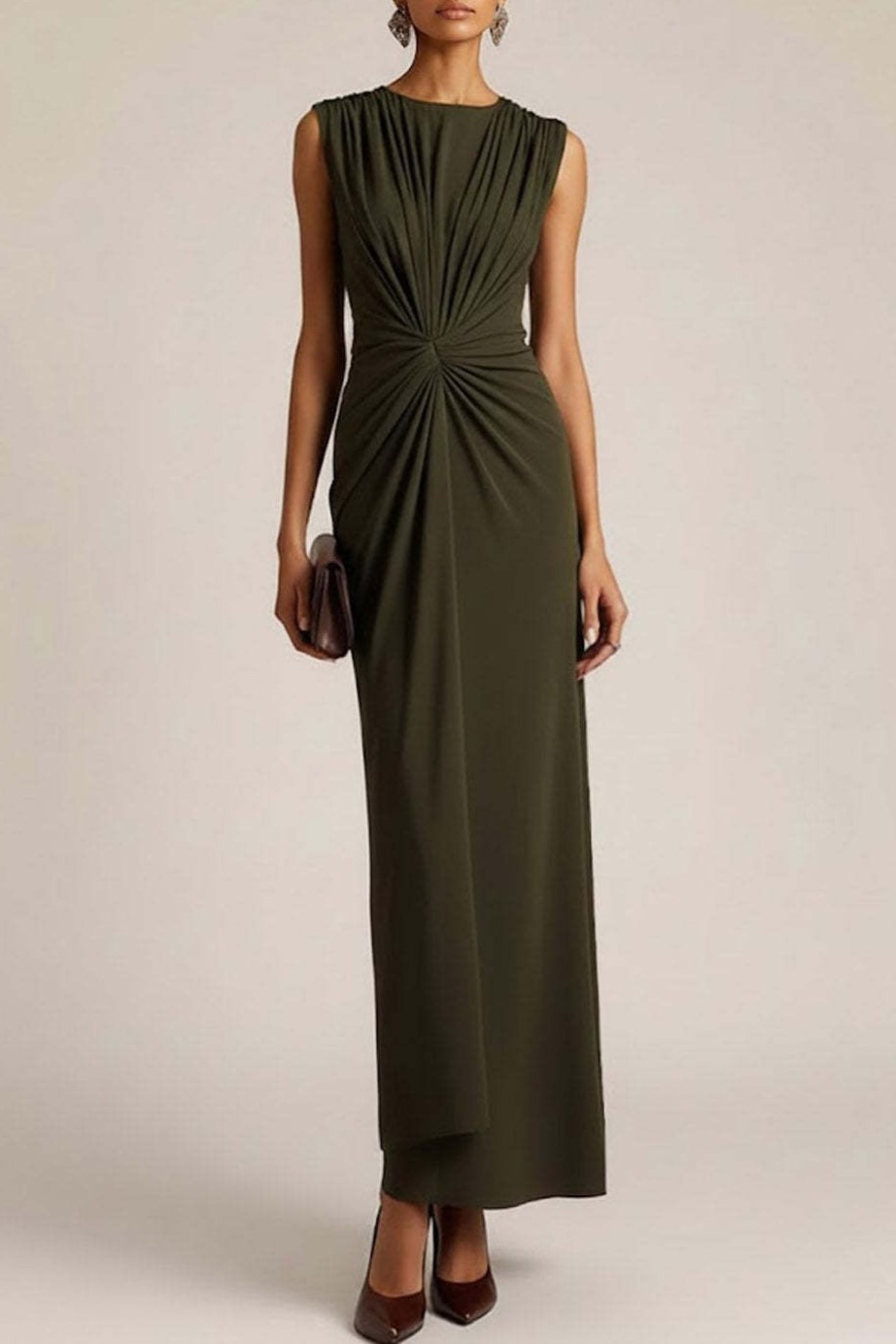 Olive Crew Neck Ruched Sheath Long Formal Dress