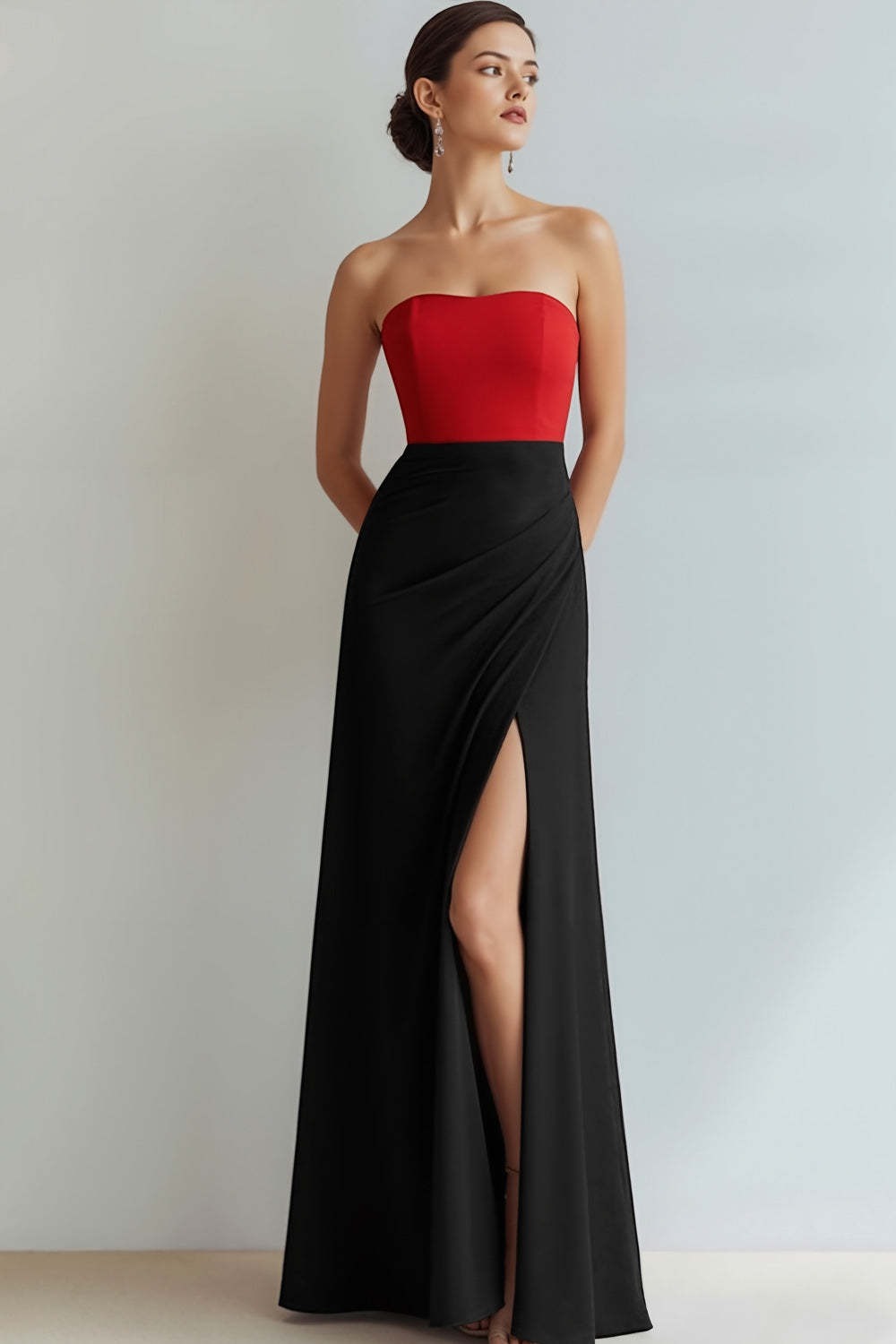 Red and Black Sheath Strapless Long Wedding Guest Dress with Slit