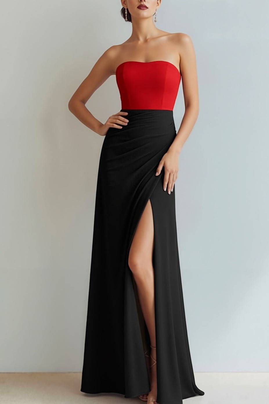 Red and Black Sheath Strapless Long Wedding Guest Dress with Slit
