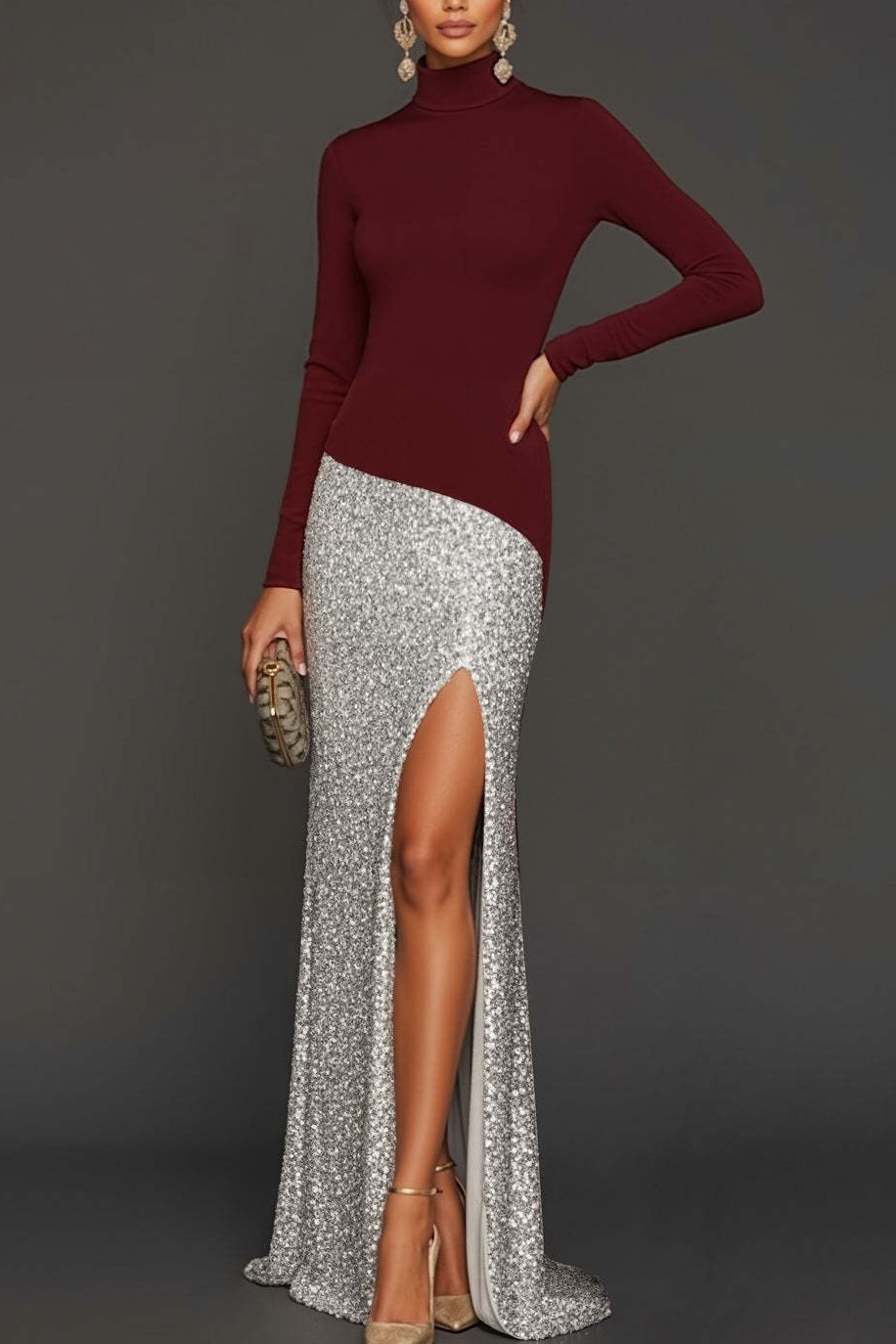 Sparkly Burgundy High Neck Sequin Long Sleeves Sheath Formal Dress with Slit