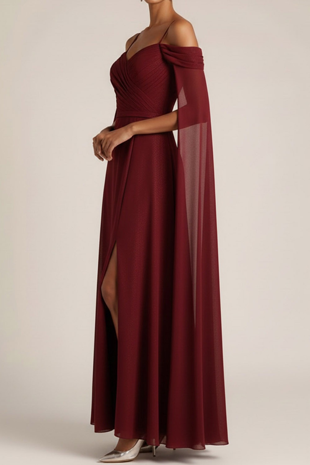 Champagne Formal Evening Dress Cold Shoulder Cape Chiffon Maxi Dress