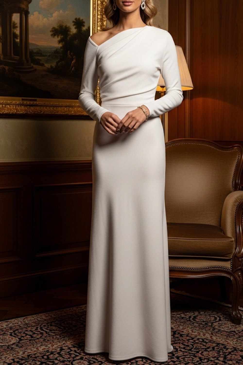 White Formal Evening Dress Asymmetrical Neck Chiffon Maxi Dress
