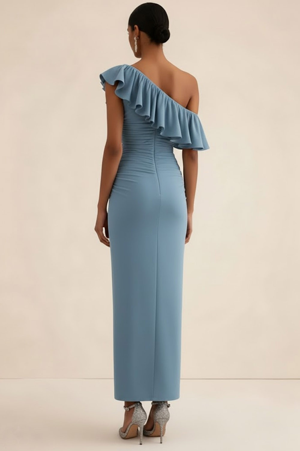 Dusty Blue Evening Formal Dress Sheath One Shoulder Ruffle Maxi Dress