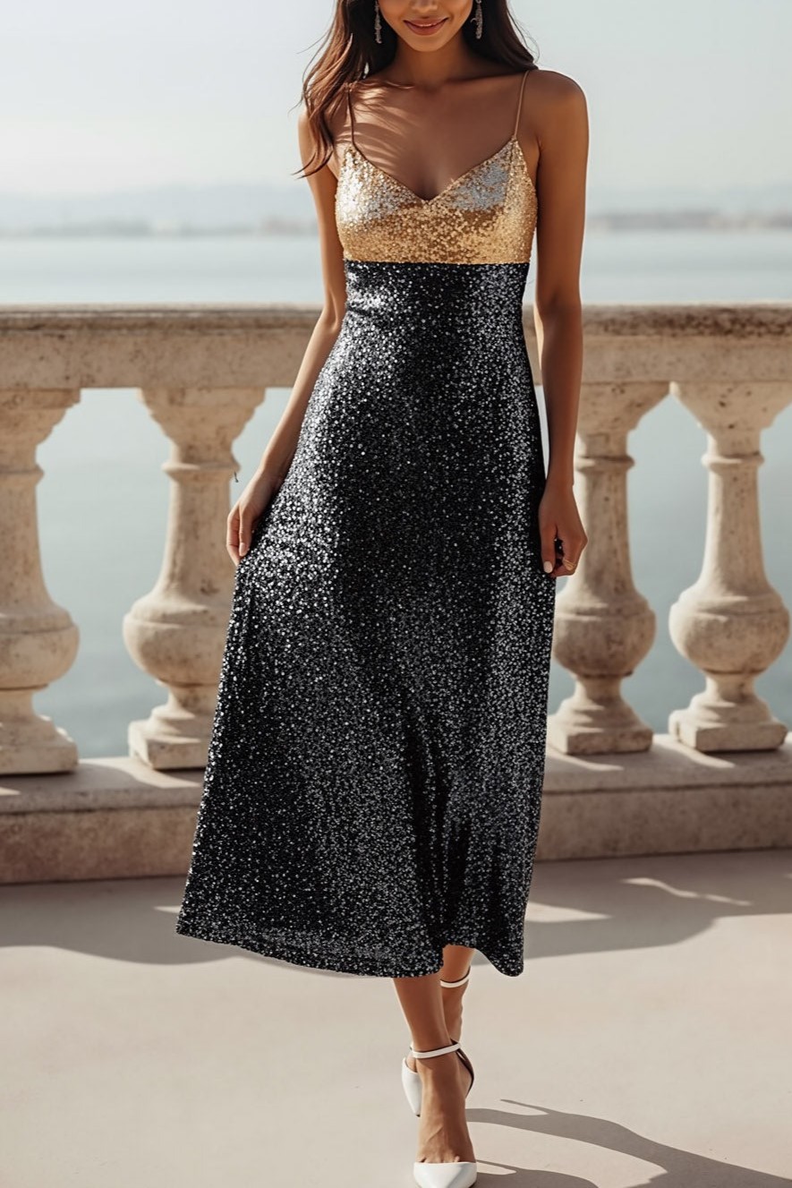 Sparkly Golden and Black Sequined A Line Maxi Evening Dress