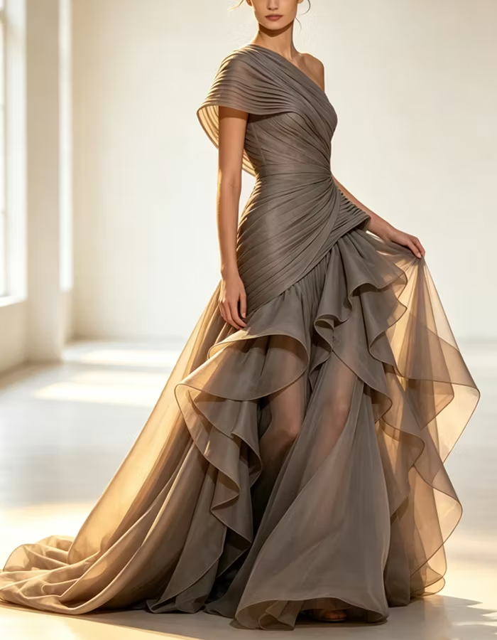 Grey One-Shoulder Pleated Organza Maxi Dress with Tiered Ruffle Skirt
