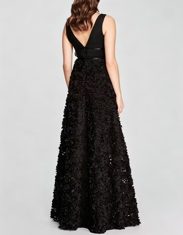 Black Chiffon Floral Mesh Fitted Waist A-line Maxi Dress