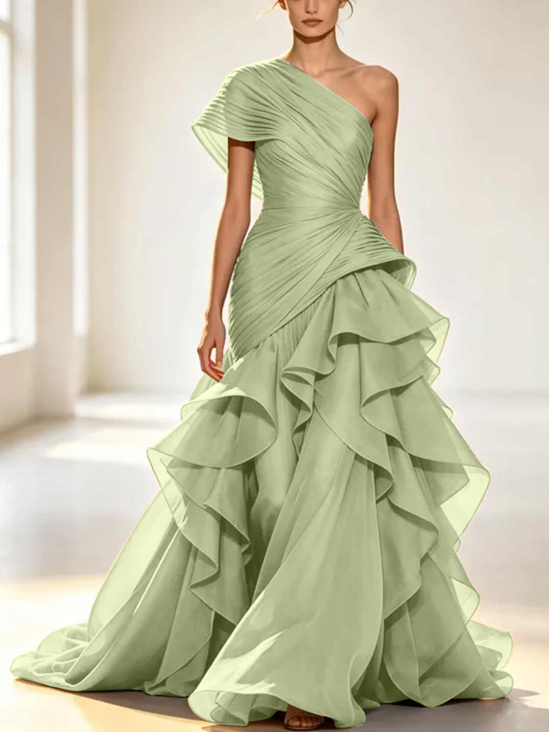 Grey One-Shoulder Pleated Organza Maxi Dress with Tiered Ruffle Skirt
