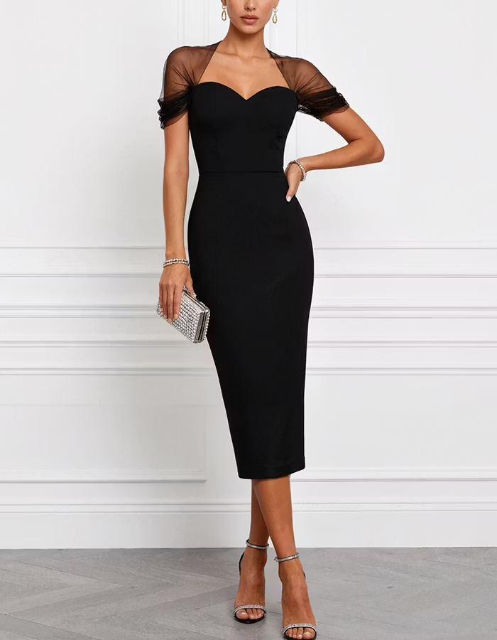 Black Sweetheart Neckline Mesh Sleeve Blended Midi Dress