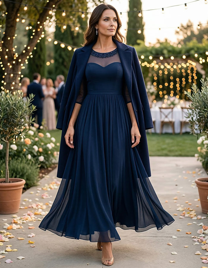 Navy Blue Mesh Sequined Waist Maxi Dress