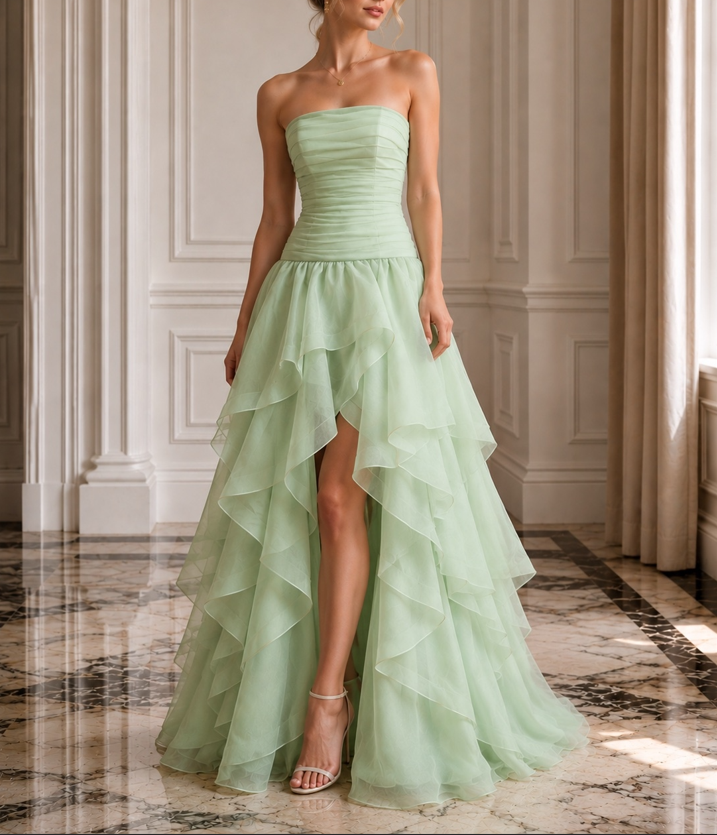 Pastel Green Strapless High Low Ruffle Layered Organza Skirt Evening Dress