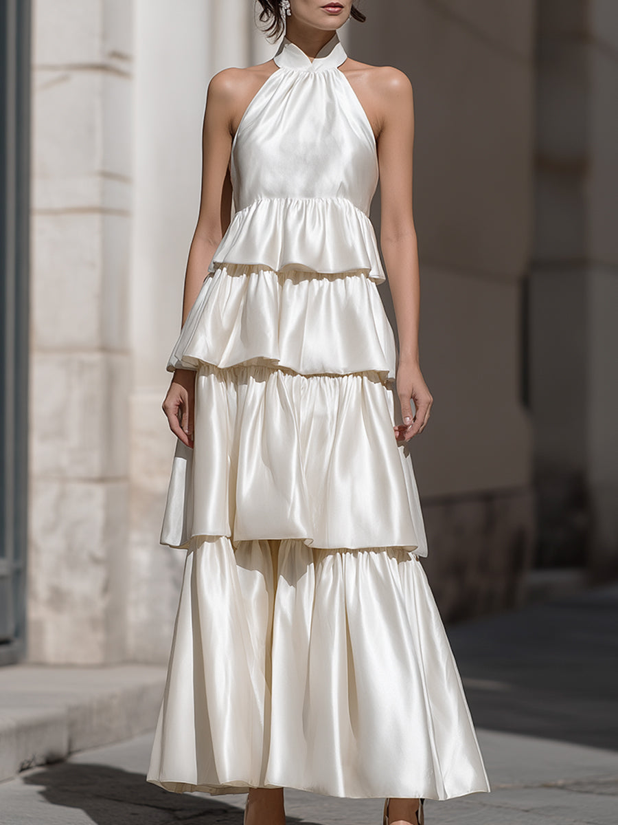 Tiered Halter Neck Ruffle Maxi Dress