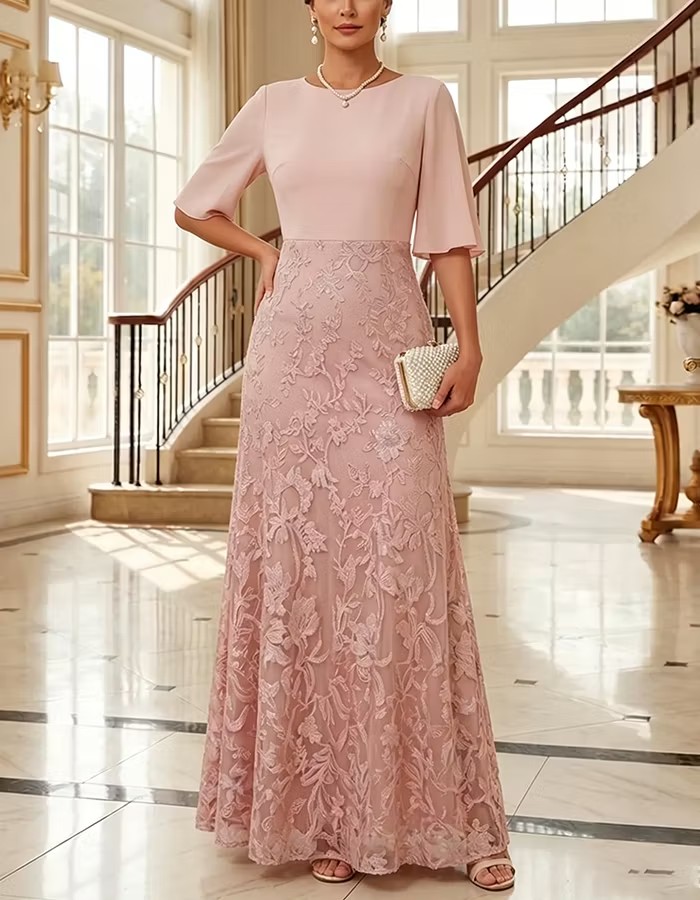 Pink Chiffon Top Lace Mermaid Half Flutter Sleeve Maxi Dress