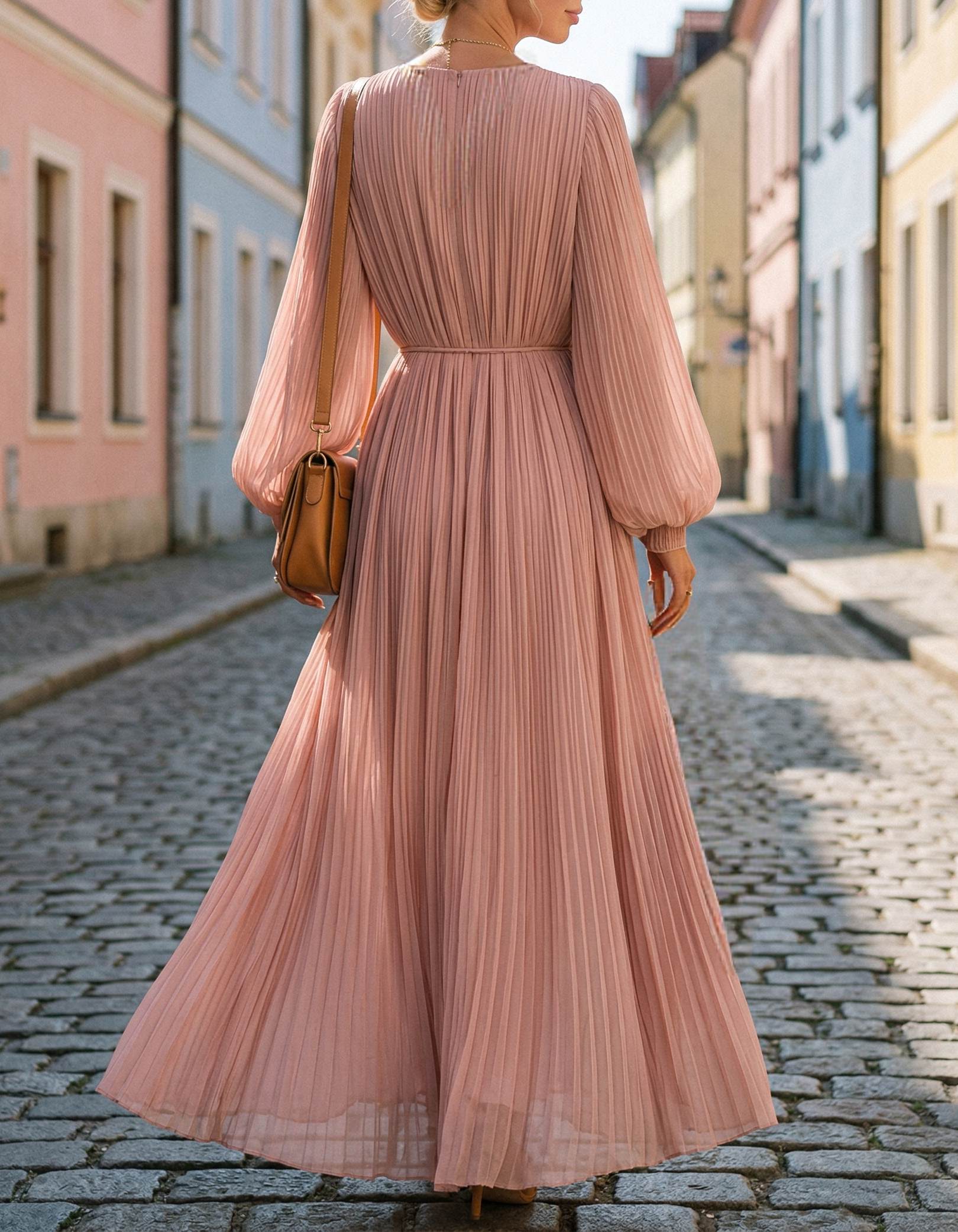 Pink Chiffon Deep V-Neck Puff Sleeves Maxi Dress