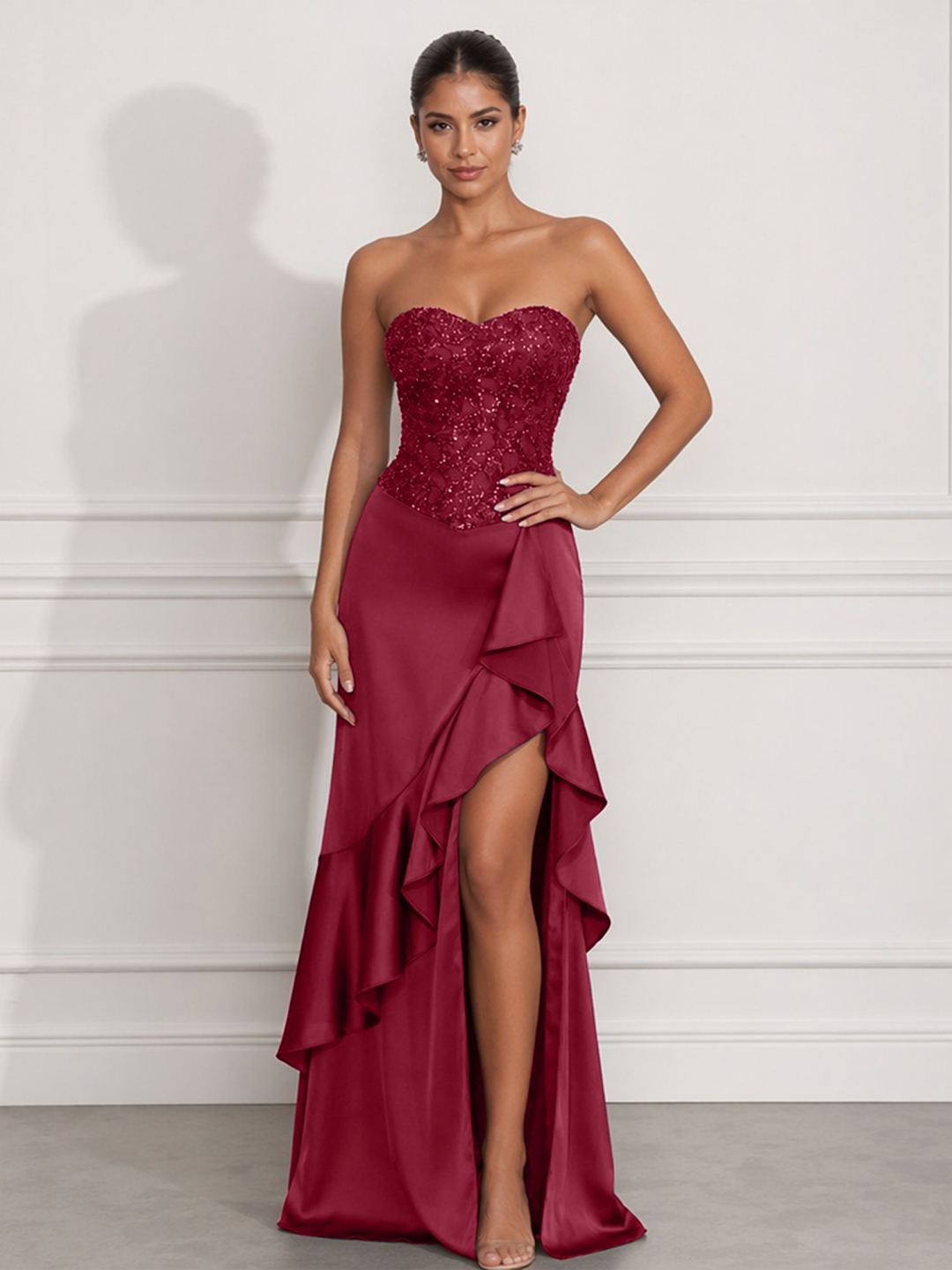 Navy Mermaid Sweetheart Beaded Tiered Formal Dress with Slit